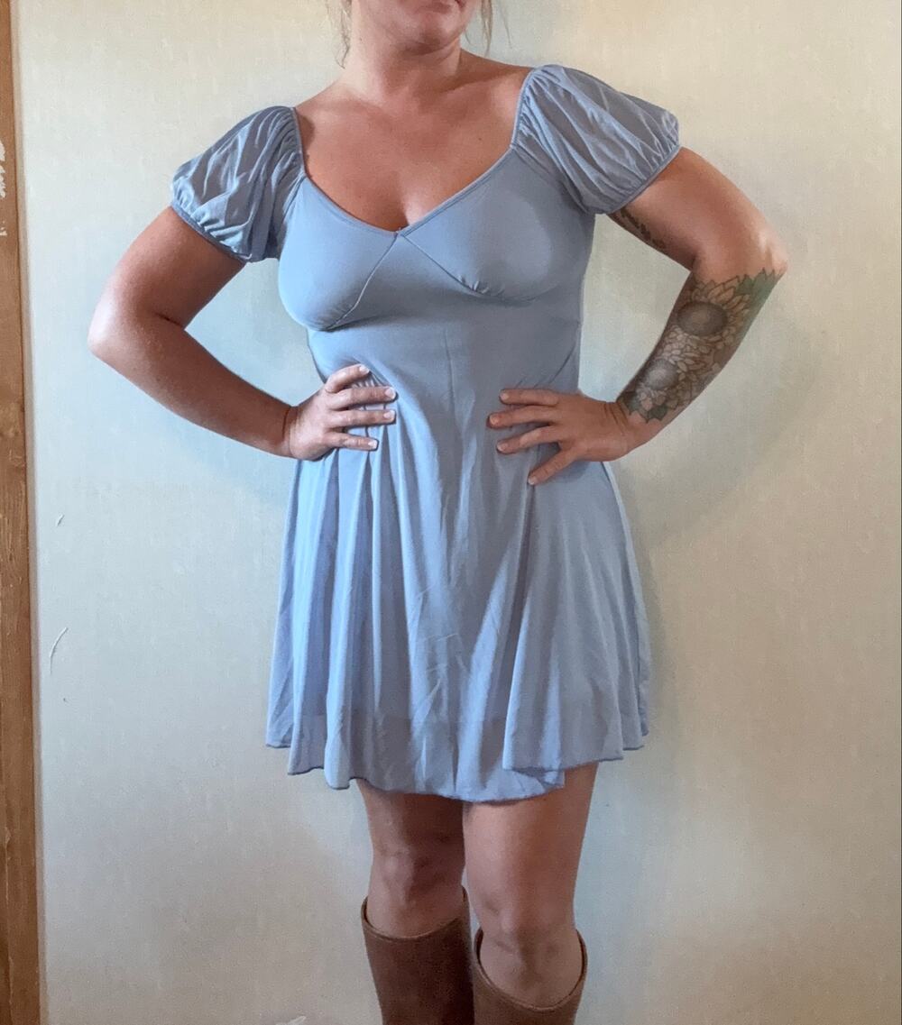 See You Monday Blue Puff Sleeve Mini Dress Medium Babydoll